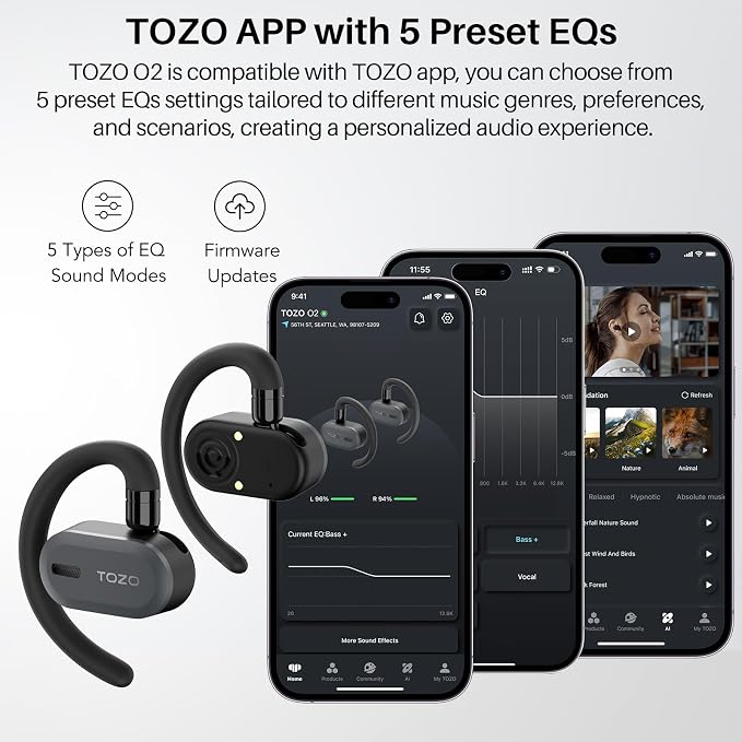 TOZO O2 True Open Ear Wireless Earbuds with Multi-Angle Adjustment, Bluetooth 5.3 Headphones with Bass Sound, Crystal-Clear Calls, 42 Hrs Playtime, Long-Lasting Comfort for Work, Driving, Sport Black
