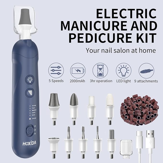 Cordless Electric Nail File Set, Rechargeable Pedicure Tools for feet, Professional Manicure Pedicure Kit 5 Speeds Hand Foot Care Nail Drill for Thick Nail Toenail Cuticle Women Men Pets, Blue