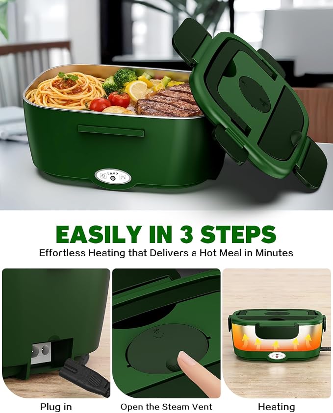 80W Electric Lunch Box Food Warmer for Car/Truck/Office, 110V/24V/12V Portable Heated Lunch Box for Adults, Dual 1.5L Stainless Steel Containers, Leak-Proof & Fast Heating, 3-in-1 Design
