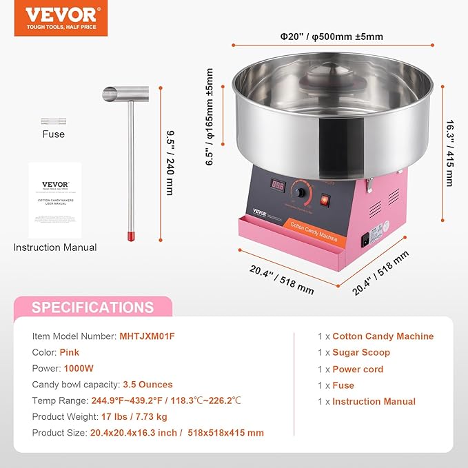 VEVOR Cotton Candy Machine Commercial, 1000W Electric Floss Maker with Stainless Steel Bowl, Sugar Scoop, Storage Drawer, Perfect for Home, Carnival, Kids Birthday, Family Party, Pink