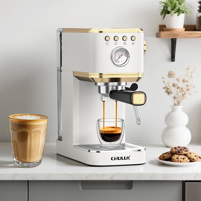 CHULUX Slim Espresso Machine with Milk Frother, 20 Bar Professional Italian Pump Espresso Coffee Machine for Home Cappuccino & Latte Maker, Stainless Steel, White and Gold