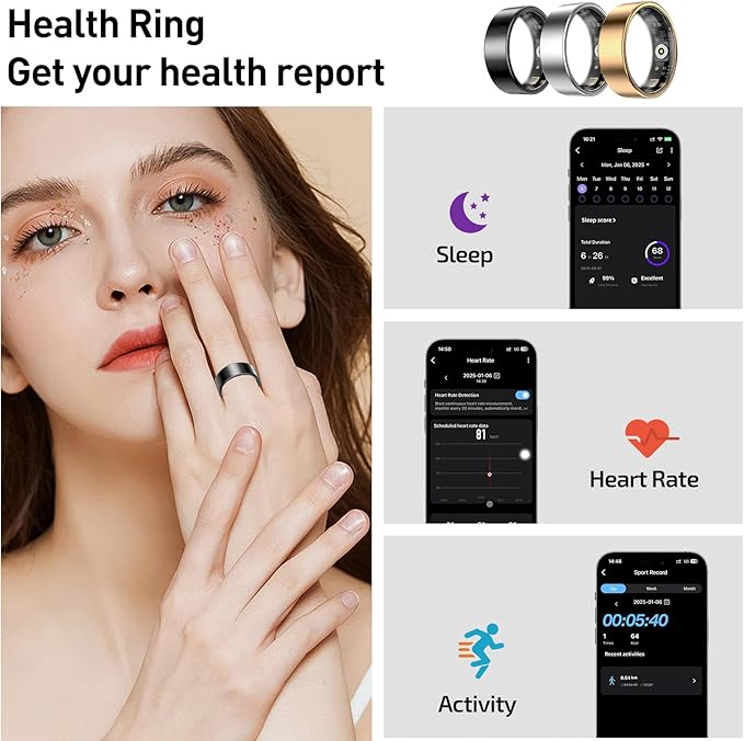 Smart Ring Health Tracker, Sleep&Exercise Monitor Heart Rate,Blood Oxygen,Fitness Trackers for Man&Women -Long Lasting Batteries,Waterproof Sleep Tracking Wearable (Black, 10)