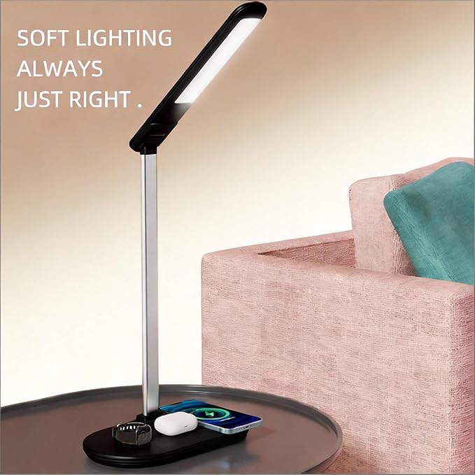 3-in-1 Wireless Charging Desk Lamp for Office&Home-15W Fast Qi Charger for Phone,Watch, AirPods,Adjustable Color&Brightness,Wide Angle Lighting,Touch Control,HYT2096 Black.