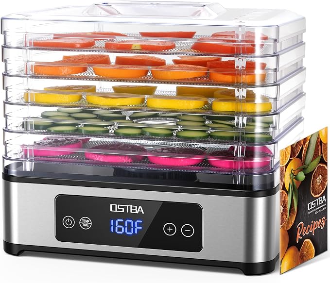 OSTBA Food Dehydrator, 5 Stainless Steel Trays, 400W Powerful Drying, 48H Timer & 95–160°F Temp Control, Quiet Small Dryer for Jerky, Fruits, Herbs, Mushrooms, BPA-Free, Recipes Included