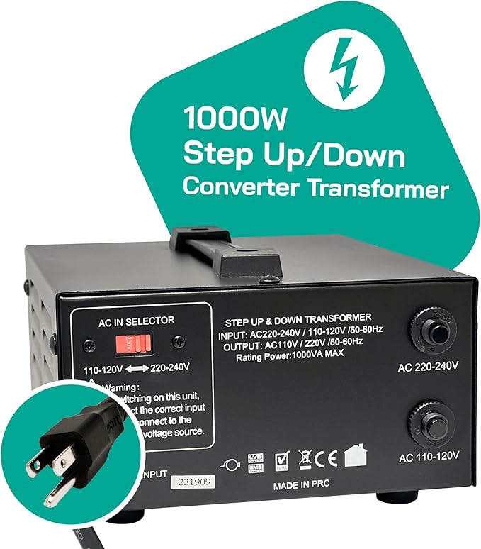 LiteFuze 1000 Watt Voltage Converter Transformer Step Up/Down - 110v to 220v / 220v to 110v Power Converter - Fully USA Grounded Cord - Universal Outlet Socket, 2x US Outlets - CE Certified