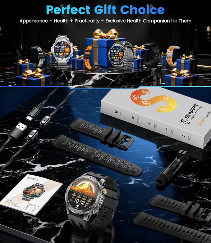 FITFLEX Military Smart Watch with Answer/Make Call （3 Silicone Strap）, 1.53“ HD Smart Watches for Men with 1000 mAh Battery/LED Torch/20+Sports/Waterproof IP68, Fitness Tracker iOS Android(Black)