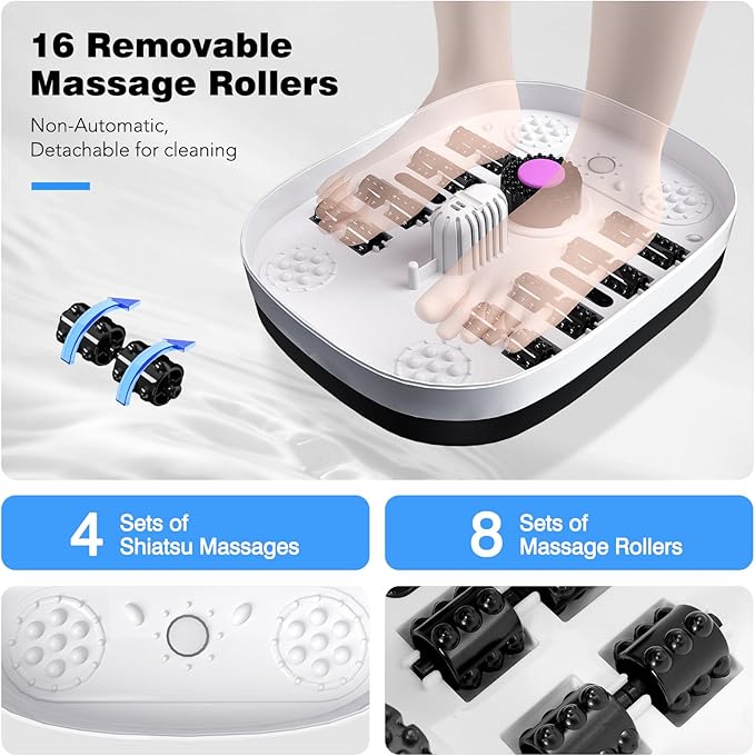 KNQZE Collapsible Foot Spa Bath with Heat & Remote Control, Bubble Massage, Temperature Control, Red Light, Timer, 16 Rollers & Pumice Stone for a Soothing Spa Experience