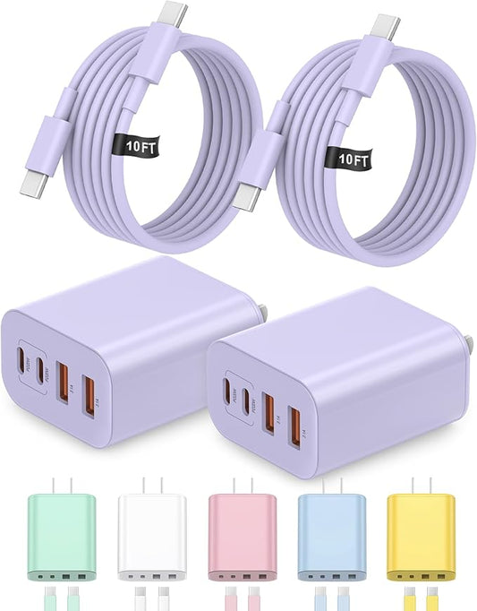 40W USB C Charger Block, iPhone 17 16 15 Charger Fast Charging,2-Pack 4-Port Fast Charging Block with 10FT Type C Cable Multiport Power Block for iPhone Air/iPhone17/16/15 Pro Max/iPad/Samsung(Purple)