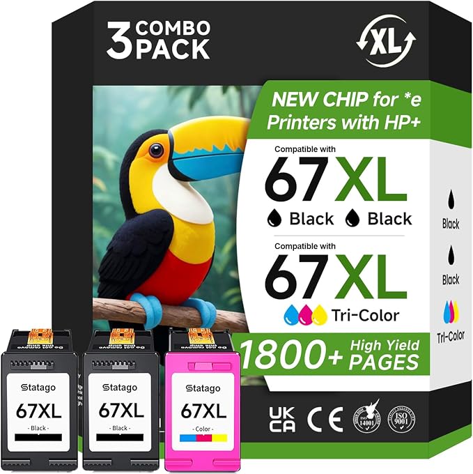 67XL Ink Cartridges Black/Color Combo Pack Compatible for HP Ink 67 67XL Printer Ink 67 for DeskJet 2700e 2700 2855e 2800 2827e 2755e 2755 4155e 4255e for Envy 6000 6055e 6455e (3 Pack)