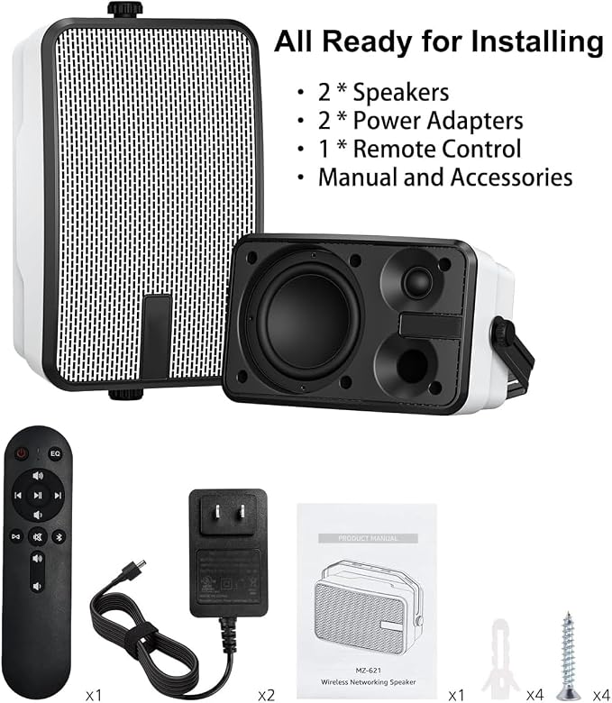 400W Outdoor Bluetooth Speakers, Wireless Sync Between Speakers, Powerful Bass, Wall Mount for Patio, Porch, Gazebo, Garage, 2-Pack, White(MZ-621)