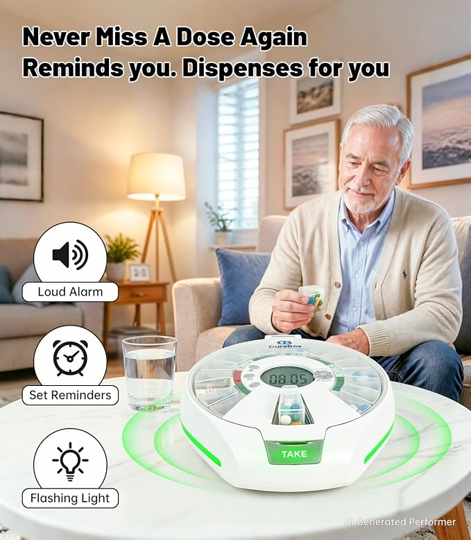 Automatic Pill Dispenser with 21 Individual Pods for Fresh Storage, Seniors-Friendly Smart Medication Organizer with Alarm & Light Alerts, Key Lock for Multiple Vitamins, Supplements, Prescriptions