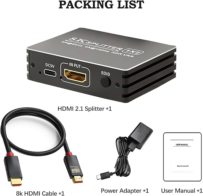 BolAAzuL HDMI 2.1 Splitter 1 in 2 Out 4K 120Hz with 8K HDMI Cable and Power Adapter, 8K 60Hz 1x2 HDMI Y Splitter with Audio Out for Dual Monitors Duplicate, Support HDCP 2.3 HDR for PS5/Xbox/PC/TV