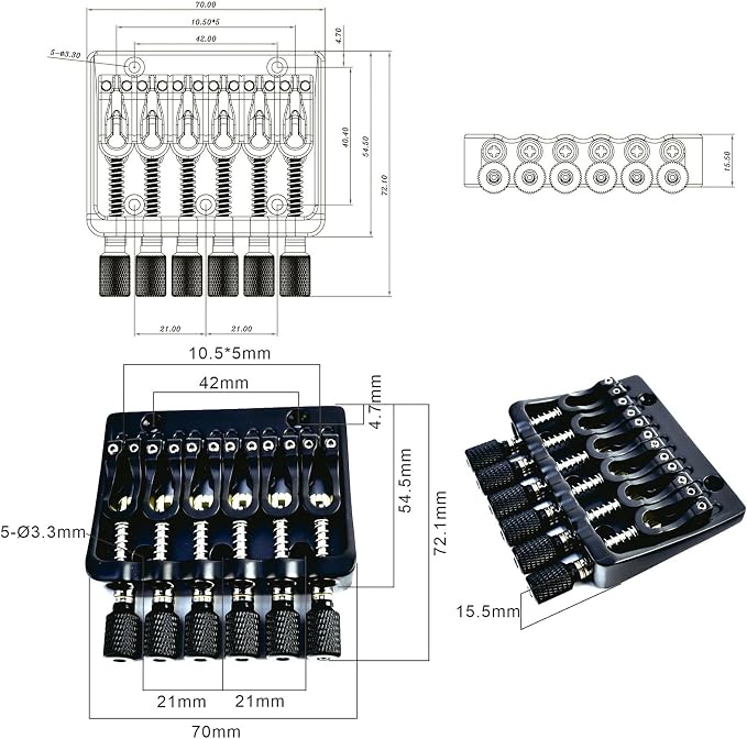 Zinc Alloy Headless Electric guitar Bridge，6 String Fixed Bridge - String Spacing 10.5mm(13/32")，Fits for 6-String Headless Electric Guitar Replacement Parts（Matte Black）