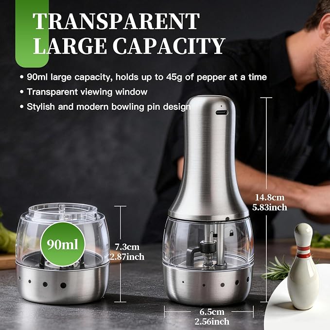 Electric Salt and Pepper Grinder Set of 2 - USB-C Rechargeable Automatic Salt Grinder, Stainless Steel Pepper Mill with LED Light, 5 Adjustable Coarseness, Tray & Brush Included