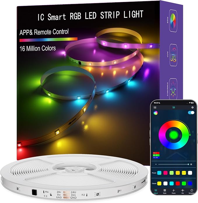 LED Lights for Bedroom, 50FT IC RGB LED Strip Lights, Color Changing, Multiple Colors Chasing Effects, APP & Remote Control, Timer Function, Music Sync Lights for Party, Home Decor