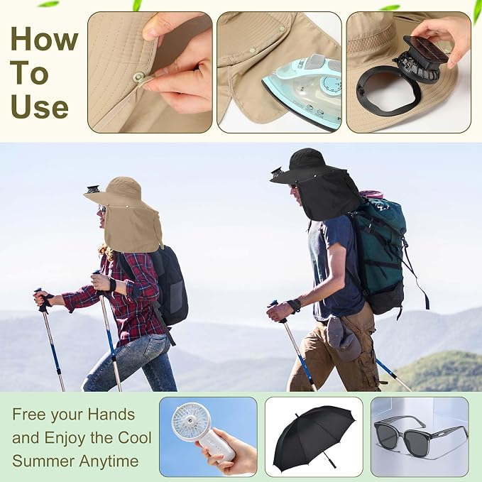 Maiteenly 2 Pcs Solar Fan Hat for Men with Neck Flap Bucket Fan Buit in Hats for Hiking Fishing Outdoor USB and Solar Powered