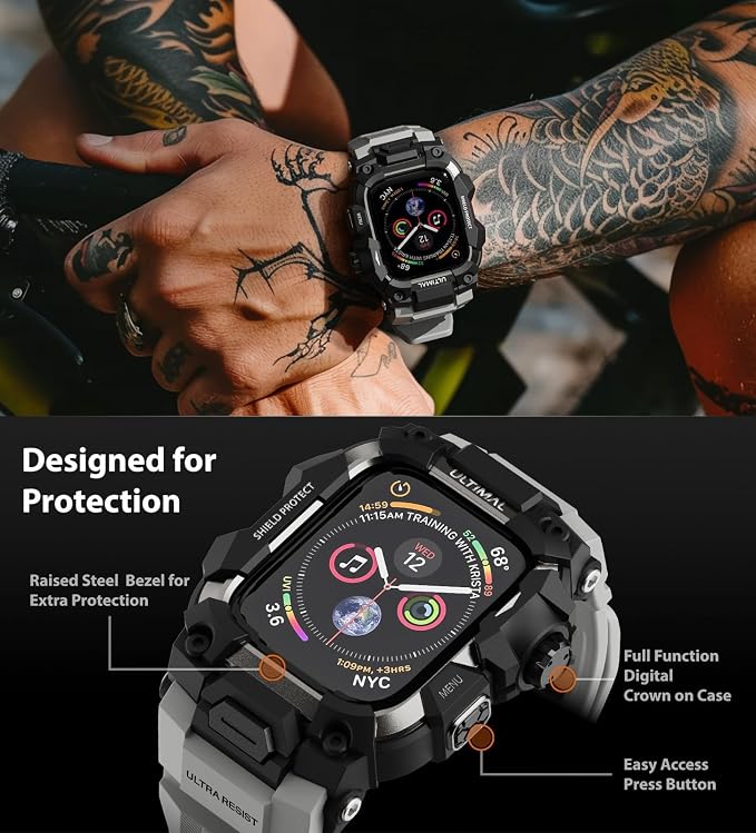 ULTIMAL Rugged Case with Band for Apple Watch 44mm,Compatible with Apple Watch Series SE 3/SE 2/SE Generation/6/5/4, Military Grade Shockproof Bumper Cover for iWatch Tactical Band Men (44mm,Grey)