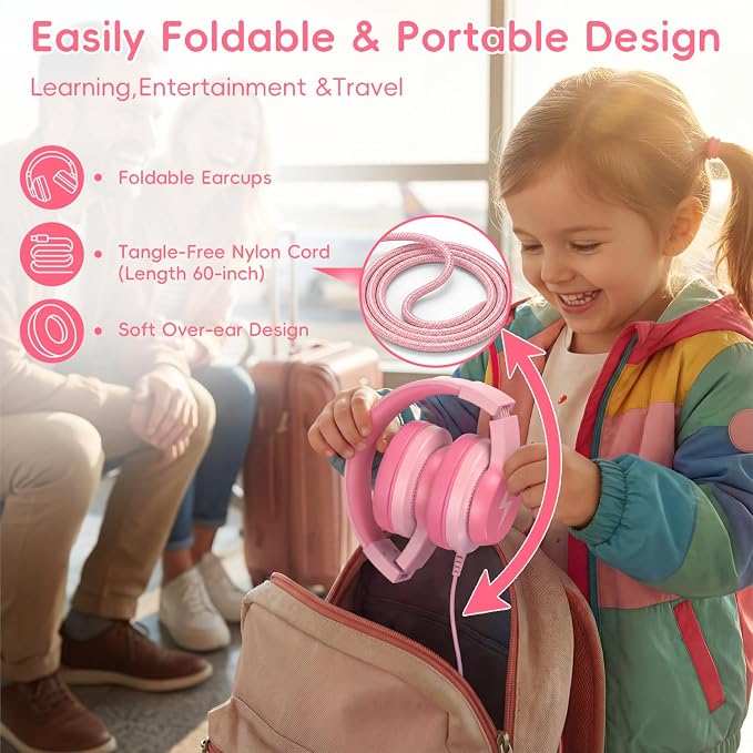 Candy Bila Wired USB C Kids Headphones, 85dB Safe Volume Limit, HD Stereo Sound, Adjustable Headband, Foldable Over-Ear Design for School, Travel, Boys, Girls, iPad, Tablet，Gradient Pink