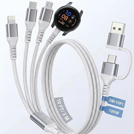 100W Multi Charging Cable for Samsung Galaxy Watch - 2026 Upgraded 4 in 2 Fast Charging Cord for iPhone17/16/15/14/13/12, Galaxy Watch 7/6 Classic/6/5 Pro/5, Galaxy S24, Android,iPad, MacBook, 10FT