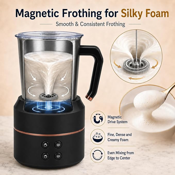 Electric Milk Frother 8.5oz, 4-in-1 Automatic Milk Steamer for Coffee, Latte, Cappuccino, Detachable Stainless Steel Cup, Dishwasher Safe, Magnetic Whisk, Precise Spout for Latte Art, (Black)