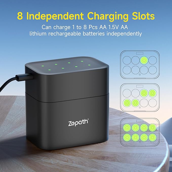 Lithium Batteries aa Charger 8 Bay Individual Fast Charging Rechargeable for Rechargeable AA Batteries(8-Slot Charger)