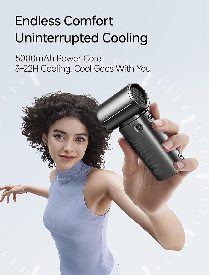 JISULIFE Mini Handheld Fan Life9S - Sleek Chrome: Turbo Power, 22 Hours Cooling, LED Display, 5000mAh, 5-Speed, Small Portable Fan for Travel, Cruise, Concerts, Trendy Gifts for Women Men-Black