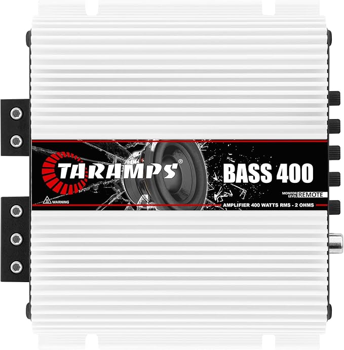 Taramps Bass 400 2 Ohms Monoblock Amplifier 400 Watts Rms 1 Channel 14.4VDC Out Power Full Range, Great for Sub/Bass - Rca/High Level Input, Car Audio