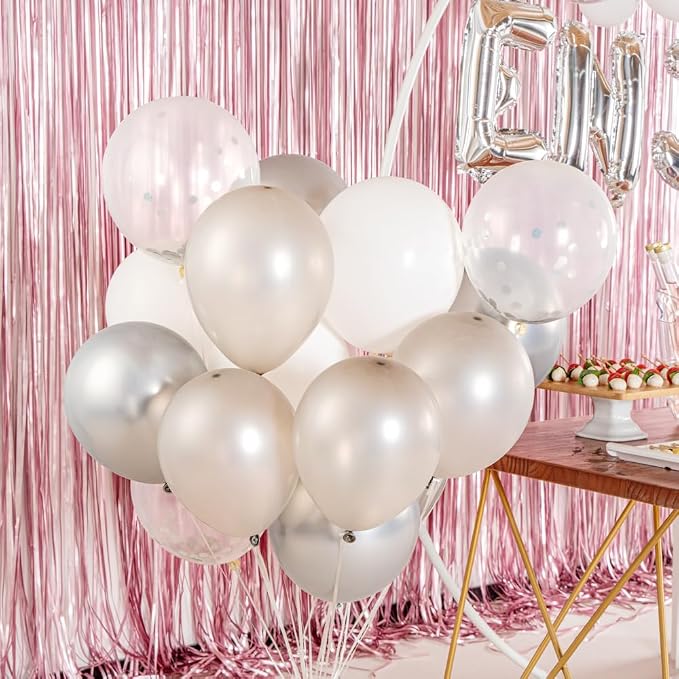 Restaurantware Balloonify 12 Inch Confetti Balloons 19 Party Balloons With Confetti Dots - With Ribbon Strong Latex Silver Latex Balloon Set Decorations For Photo Shoot Wedding Or Party