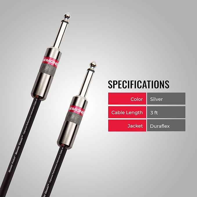 Monster Prolink Classic Instrument Guitar Cable - 3 ft Straight-to-Straight Instrument Cable. All Metal & Duraflex Outer Jacket. 90% Copper Braided Shield Monster Instrument Cable