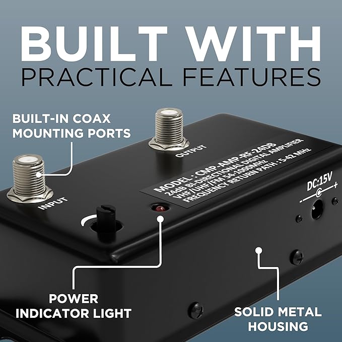 THE CIMPLE CO - TV Antenna Amplifier Kit with Coax - Digital TV Signal Booster with RG6 Coaxial Cable - Adjustable Gain, 24 dB Distribution, NTSC, ATSC, FM, UHF, VHF, 1000 MHz - Indoor Use Only