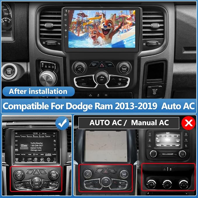 Car Radio Stereo for Dodge Ram 2013-2018 1500 2500 3500 Automatic AC Android 13 2G RAM 64G ROM with Wireless Carplay Android Auto, 9-inch Touch Screen Head Unit