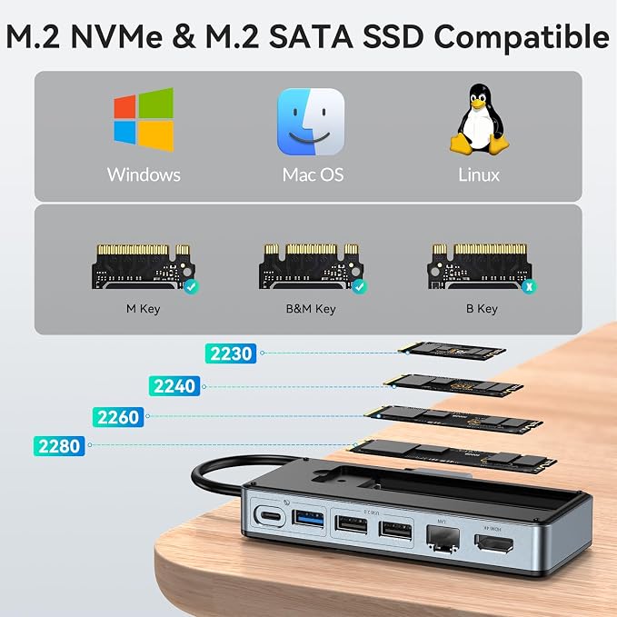 Yottamaster USB C Hub with 4TB M.2 NVMe SSD Enclosure, 8 Ports USB C HUB Adapter 10Gbps USB 3.2 Gen2, 4K@60Hz HDMI, 100W PD, Ethernet for Windows, Mac [Diskless] - YM28PR