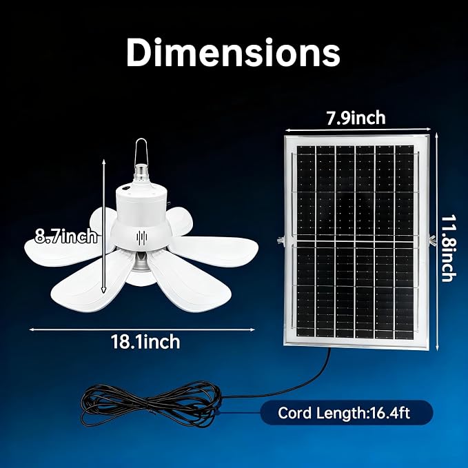 18.1" Solar Ceiling Fan Light with Battery Built-in 10000mAh Powered, Portable Rechargeable Fan with Long Cord Remote Control, Dual Type-C/Solar Charging Hanging for Tent Garage Gazebo Camping Outdoor
