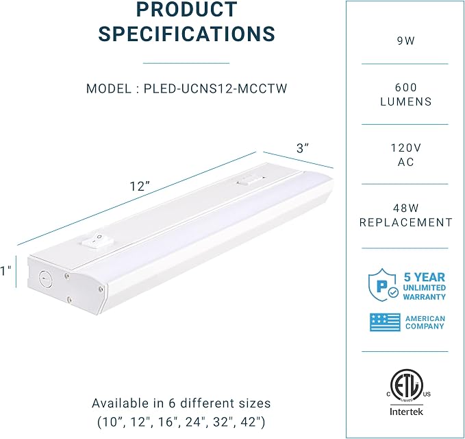 PARMIDA LED Under Cabinet Lighting, Hardwired Installation, 12 Inch, 9W, 5CCT Color Selectable - 2700K/3000K/4000K/5000K/6000K, ETL Listed, 120V, Dimmable, 600 Lumens, White Finish