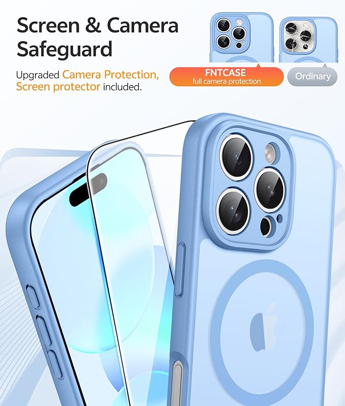 FNTCASE for iPhone 16 Pro Max Case: [Compatible with Magsafe] Translucent Matte Cases with [Full Camera Protection] [Screen Protector] Military Grade Shockproof Protective Phone Cover - Light Blue