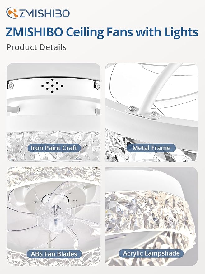 ZMISHIBO Ceiling Fans with Lights, Low Profile Ceiling Fan with Light and Remote, Flush Mount Ceiling Fan, Reversible, Dimmable, Noiseless, 15.7 inch Small Ceiling Fans for Bedroom, Indoor Use - White