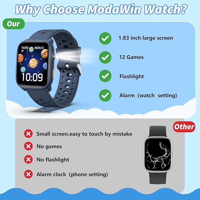 Smart Watch for Kids with 12 Puzzle Games, 1.83" Fitness Tracker Watch Heart Rate Sleep Monitor, Pedometer, Alarm Clock, Flashlight, Gift for 6-12 Year Old Boys Girls