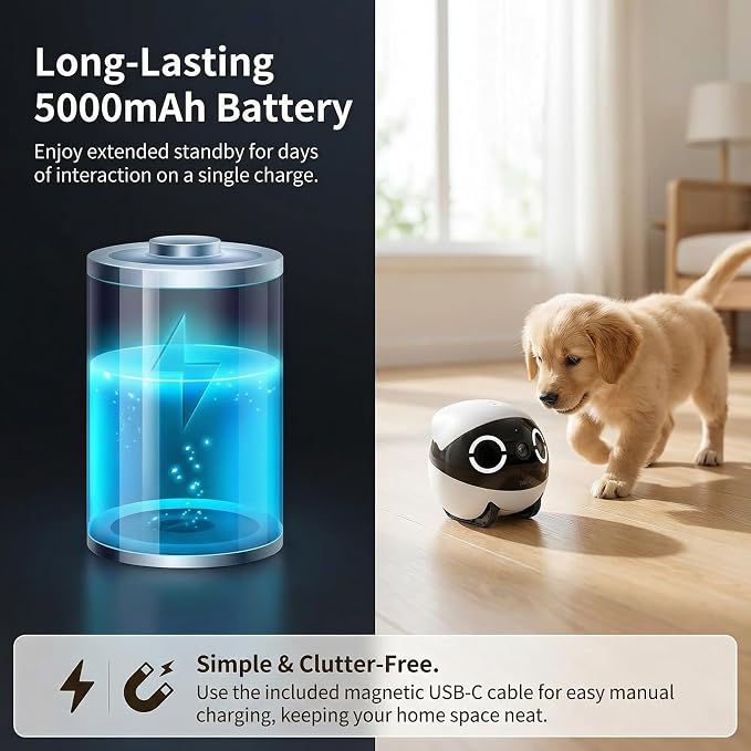 Mini Pet Camera Robot - Enabot EBO ROLA 2K HD Indoor Movable Camera with 5000mAh Battery, Two-Way Talk, Night Vision, Motion Detection, One-Touch Call for Pet Monitoring & Family Companion