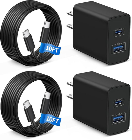WODENTA iPhone 17 Charger, 2-Pack 45W Fast Charging Dual Port Type C Power Adapter, USB C Charger Block for iPhone 17/17 Pro/17 Pro Max/Air/17e/16/15 Pro Max/Plus, iPad with Long 10FT USB-C Cable Cord