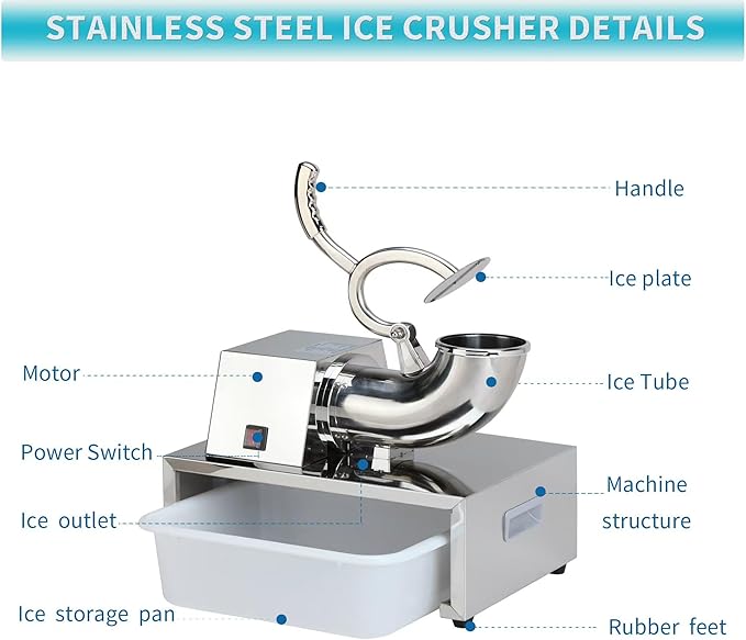 SNICE Electric Stainless Steel Snowflake Ice Shaver Machine For Bar,Kitchen,Seafood,Cold drink Heavy-Duty Snow Cone Machine Ice Crusher Machine Double Blade, Shaved Ice For Summer