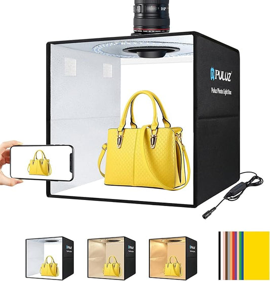 16"×16" Professional Photo Studio Light Box,PULUZ Portable Foldable Light Box Photography,Tri-Color Dimmable Photo Box Kit with 160 LED Lights & 6 Backdrops (12 Colors) for Product Photography