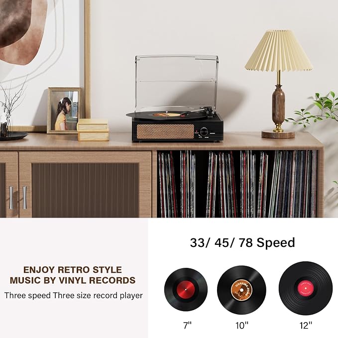 Record Player for Vinyl with 2 Build-in Speakers LP Vinyl Players Belt-Driven Vintage Turntables 3 Speed 3 Size, Wireless Bluetooth Playback, AUX-in, RCA Out, Headphone, Auto Stop