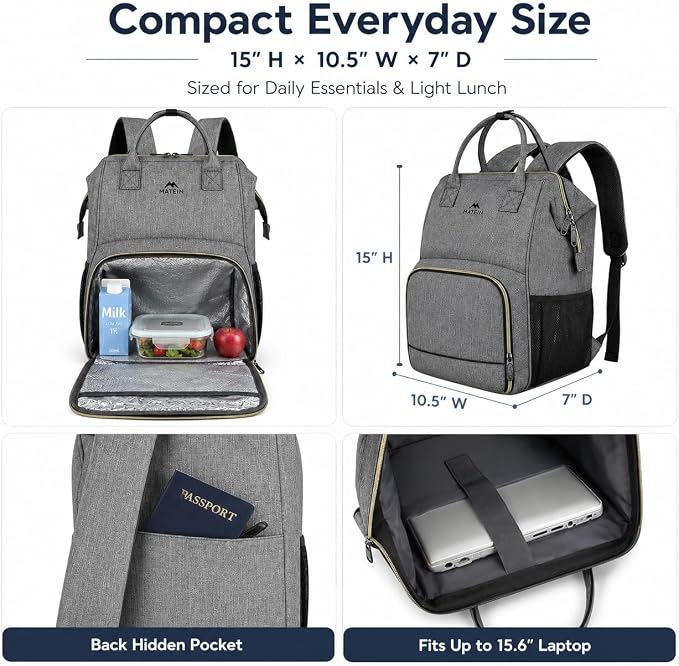 MATEIN Lunch Backpack for Women, 15.6 Inch Laptop Backpack with Lunch Compartment, Lightweight Work Backpacks for Teacher Nurse, Insulated Cooler Lunchbox Food Bag Meal Prep Bag for Picnics College