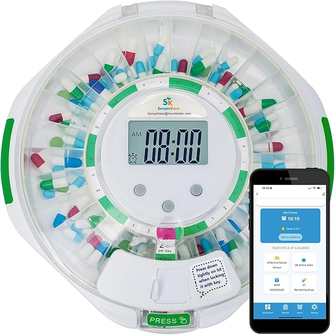 Bluetooth Automatic Pill Dispenser with App Setup for Elderly | Up to 9 Daily Doses, 28 Day Locked Medication Organizer Audio/Visual Alerts for Dementia & Chronic Care, Clear Lid