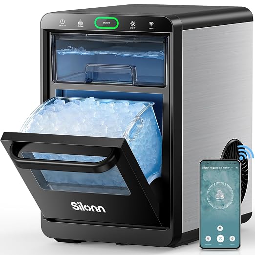 Silonn Nugget Ice Maker Countertop with WiFi Function - 44lbs/24h Crushed Ice Machine, Front Pull-Out Water Tank & Removable Basket, Stainless Steel Finish for Home Kitchen