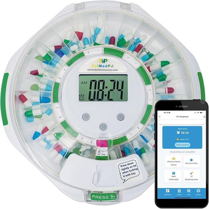 EziMedPil Bluetooth Automatic Pill Dispenser with App, Alarm, Light Alerts | Caregiver Tracks Adherence History on App, 28-Day Organizer with Clear Locked Lid & Clear LCD Monitoring Friendly for Seniors