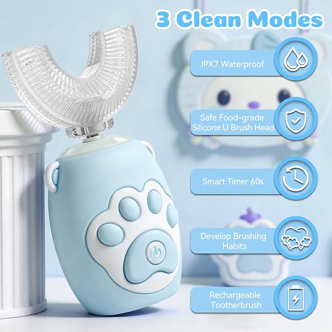 Kids U Shaped Electric Toothbrush for Age 2-12, Rechargeable Toddler Toothbrush with Smart Timer & 3 Clean Modes, Cat's Claw Design, IPX7 Waterproof, 3 Brush Heads & 360°Cleaning