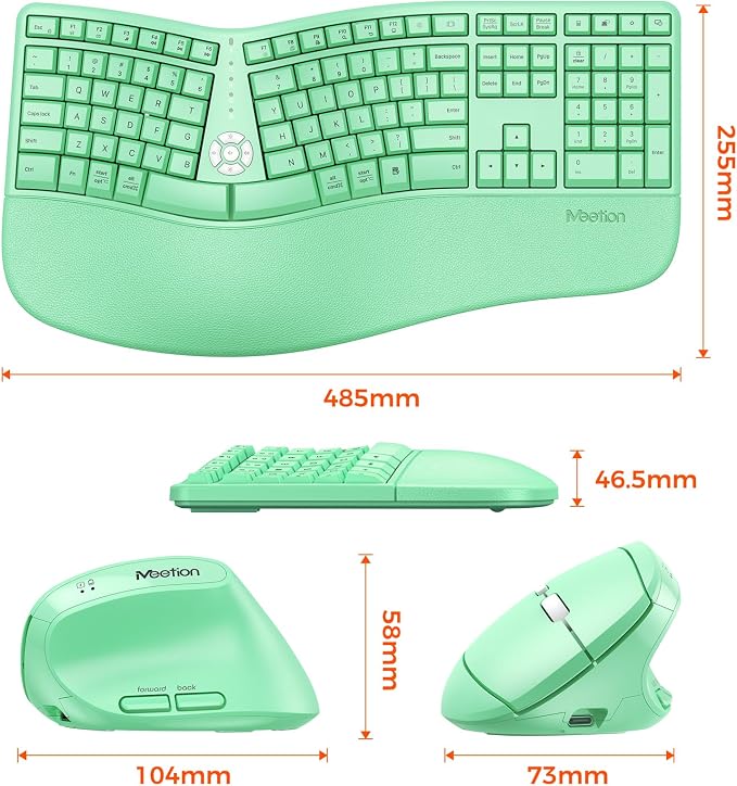MEETION Ergonomic Keyboard and Mouse, Wireless Keyboard with Vertical Mouse, Split Curved Keyboard with Wrist Rest, Natural Typing Full Size, Windows/Mac/Computer/Laptop, Green