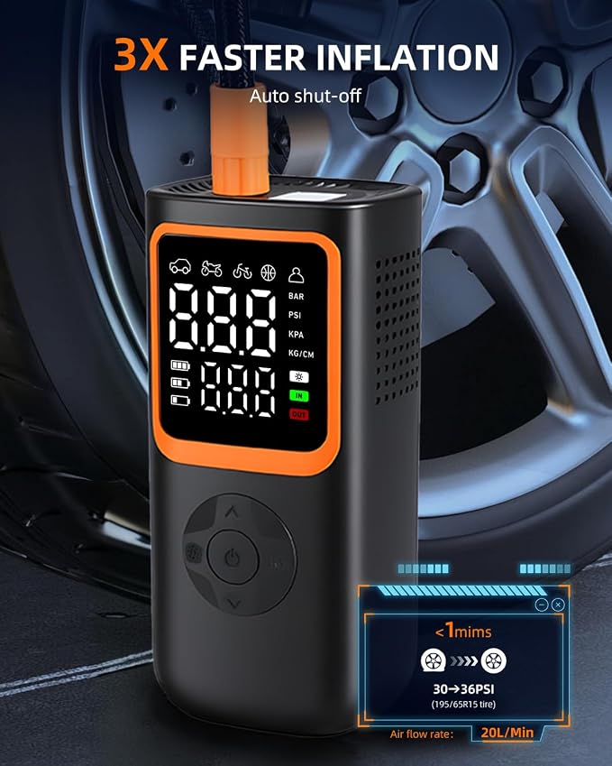 Tire Inflator Portable Air Compressor - 6000 mah & 150 Psi Air Pump for Car Tires with Pressure Gauge & Led Light, Faster Inflation Mini Compressor for Car, Bicycles, Motorcycle