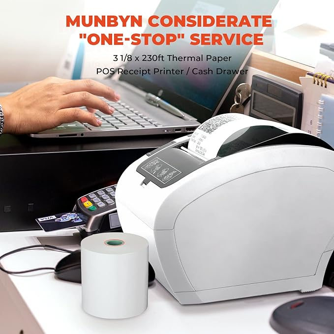 MUNBYN WiFi Thermal Receipt Printer with USB/LAN/RS232 Port, 80mm POS Printer Works with Square Windows Mac Chromebook Linux Cash Drawer, White